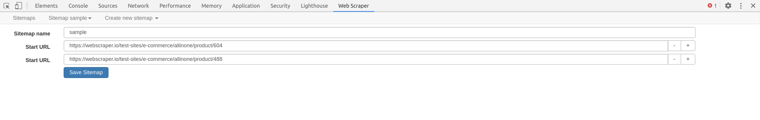 Web Scraper sitemap editor showing start URL and plus control