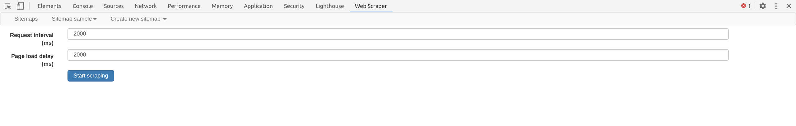 Web Scraper Scrape panel with Start scraping